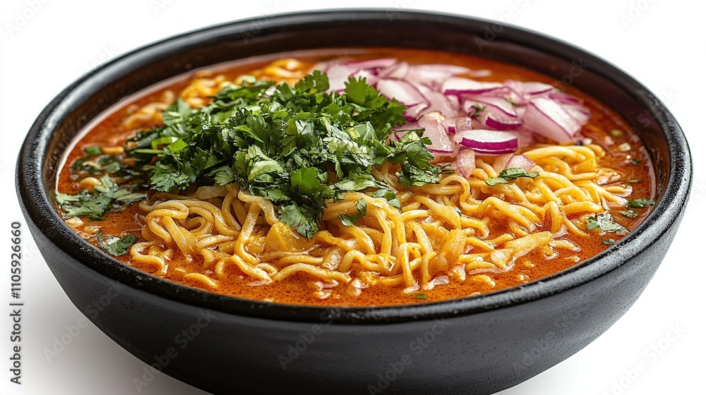 Spicy noodle soup in a black bowl, garnished with cilantro and red onions. Spicy noodle soup in a black bowl, garnished with cilantro and red onions.