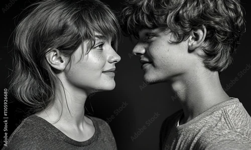 A close-up, black-and-white portrait of two young individuals gazing into each other's eyes. A close-up, black-and-white portrait of two young individuals gazing into each other's eyes.