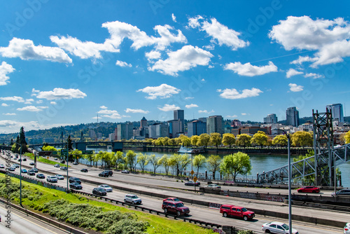 Interstate Highway Along Portland Oregon City Skyline and Willamette River