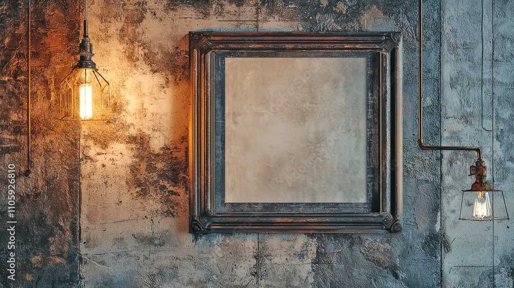 Industrial Style Picture Frame on Raw Concrete Wall with Rustic Lighting Decor Industrial Style Picture Frame on Raw Concrete Wall with Rustic Lighting Decor