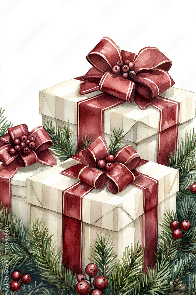 Three white boxes with red bows on top of a Christmas tree Three white boxes with red bows on top of a Christmas tree