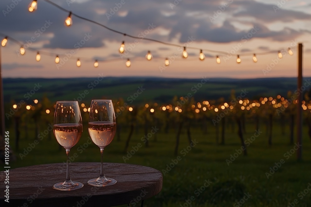 Obraz premium Romantic Evening with Sparkling Rose Wine Glasses in a Vineyard Under Twinkling String Lights at Sunset Overrolling Hills