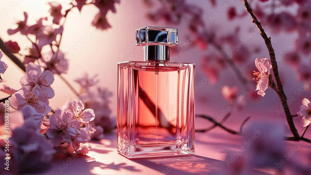 Perfume bottle on a pink background with flowers. Perfume bottle on a pink background with flowers.
