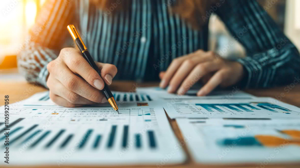 Close-up of a person analyzing financial data and charts, with a focus on graphs and figures on paper. Close-up of a person analyzing financial data and charts, with a focus on graphs and figures on paper.