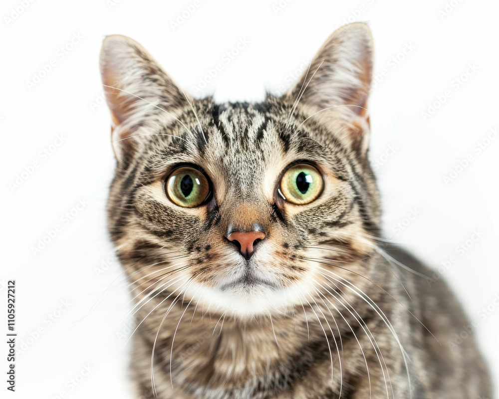 A close-up portrait of a curious tabby cat with striking green eyes against a white background. A close-up portrait of a curious tabby cat with striking green eyes against a white background.