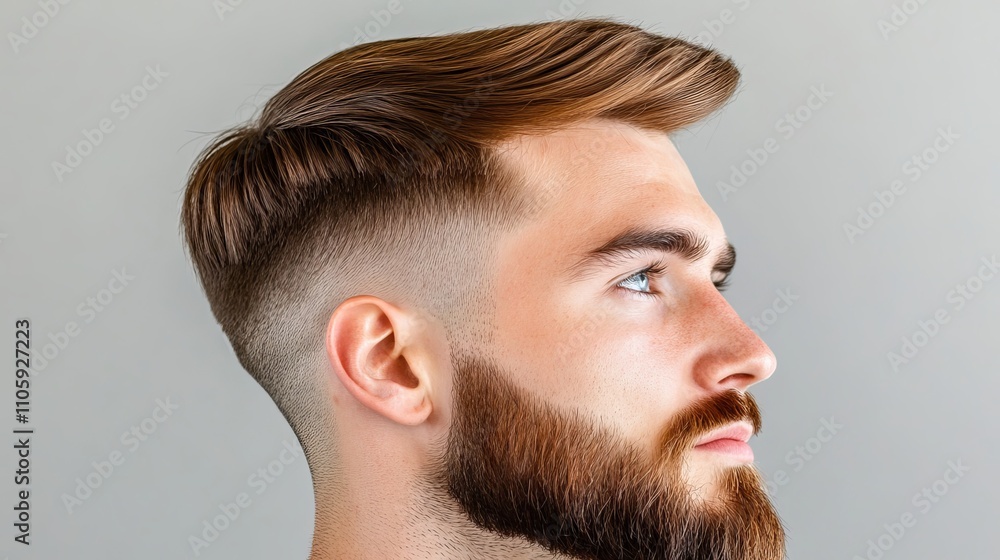 Fototapeta premium Profile of a Caucasian man with a stylish haircut featuring a well-groomed beard, showcasing a modern fade hairstyle against a neutral background.