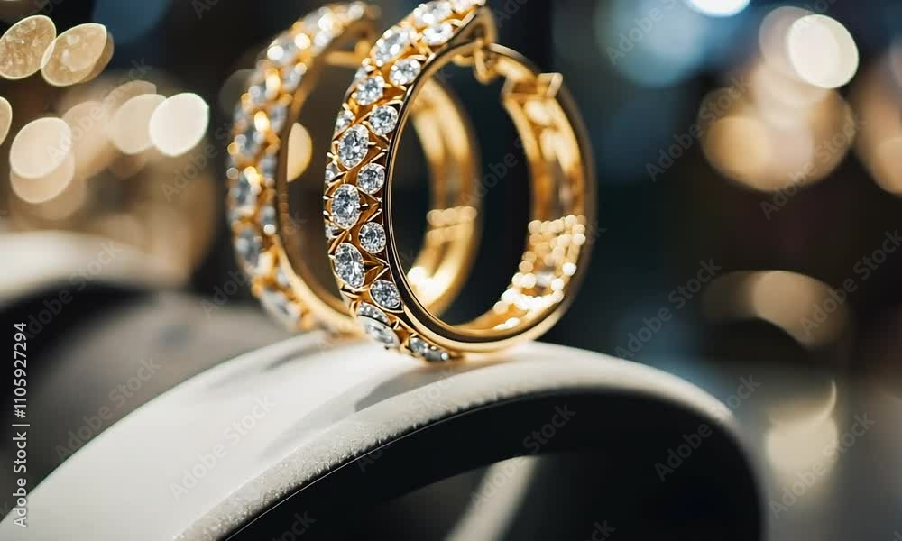 Elegant gold hoop earrings adorned with sparkling gemstones displayed on a soft surface.