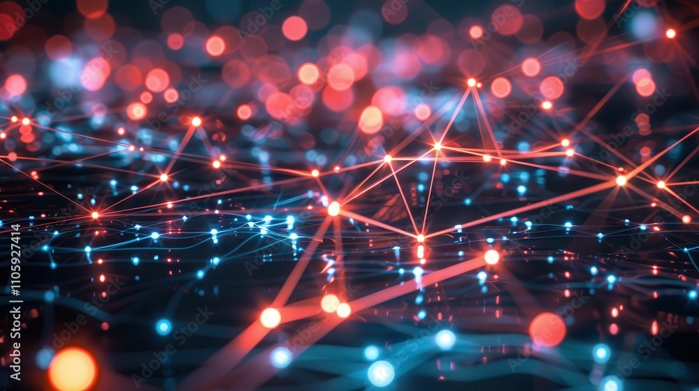 A vibrant, abstract representation of interconnected nodes and lines, showcasing a digital network with glowing red and blue lights on a dark background. A vibrant, abstract representation of interconnected nodes and lines, showcasing a digital network with glowing red and blue lights on a dark background.