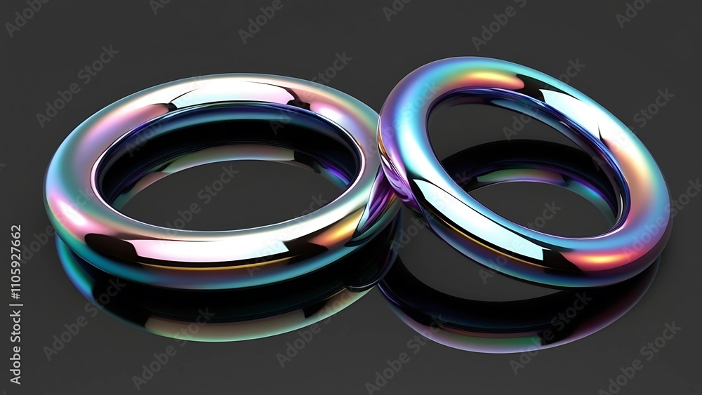Two iridescent rings on a dark surface. Two iridescent rings on a dark surface.