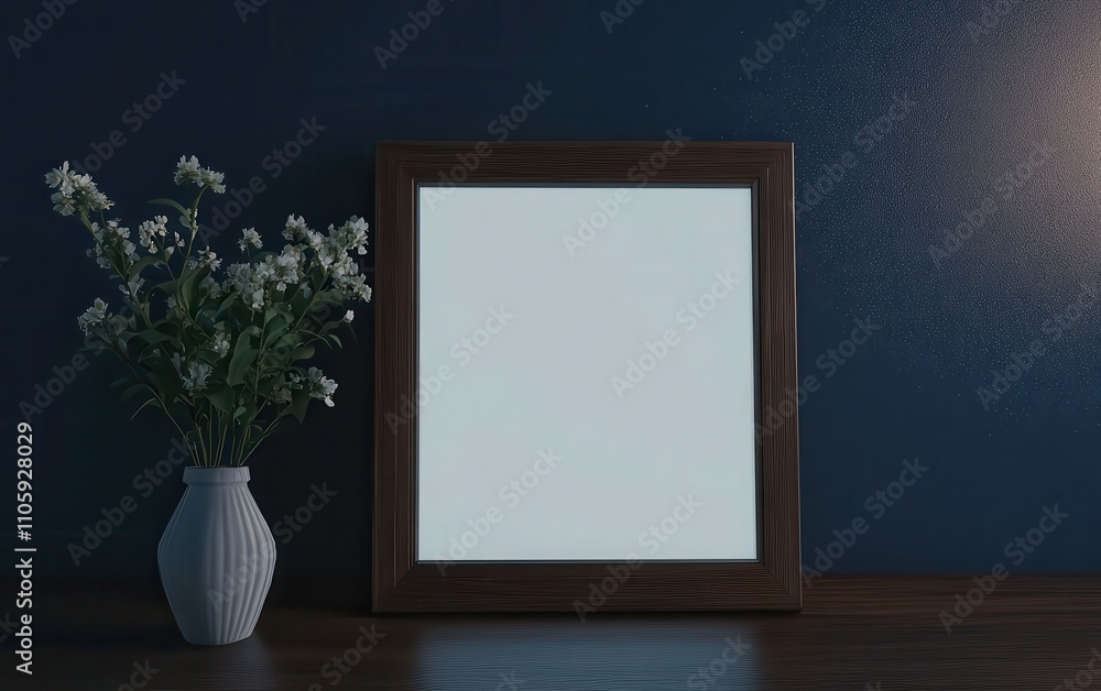 A minimalist 3D render featuring a wooden frame with a blank white canvas on a dark blue wall. A minimalist 3D render featuring a wooden frame with a blank white canvas on a dark blue wall.