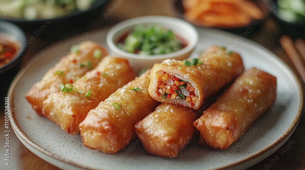 Close-up of crispy fried spring rolls, cut open to reveal savory filling, served with a vibrant dipping sauce and garnished with chopped green onions. Close-up of crispy fried spring rolls, cut open to reveal savory filling, served with a vibrant dipping sauce and garnished with chopped green onions.