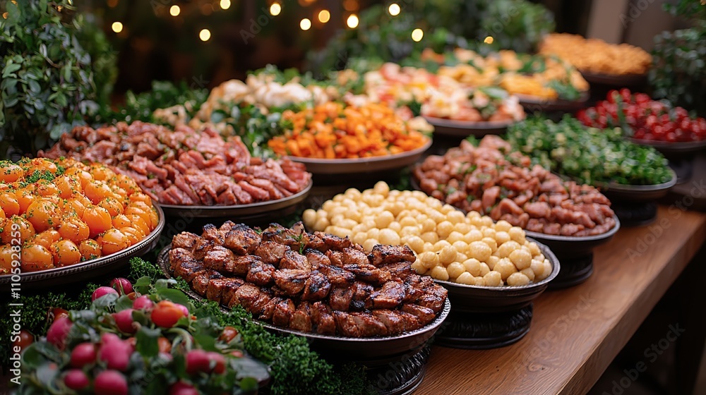 A lavish buffet table displays an array of grilled meats, roasted vegetables, and fresh produce A lavish buffet table displays an array of grilled meats, roasted vegetables, and fresh produce