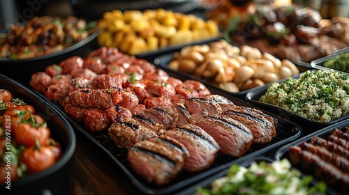 Close-up of a catering platter with grilled meats, sausages, roasted vegetables, and salads.