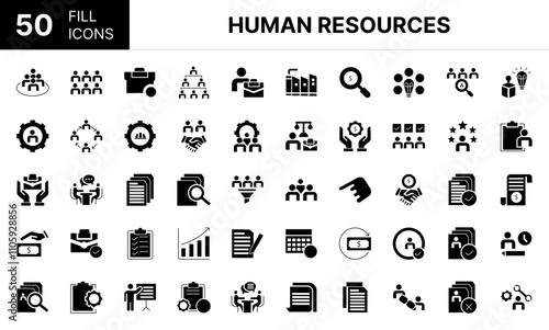 Collection of 50 Human Resources fill icons featuring editable strokes. These outline icons depict various modes of Human Resources, Activity, approval, approved, associate, be of use,