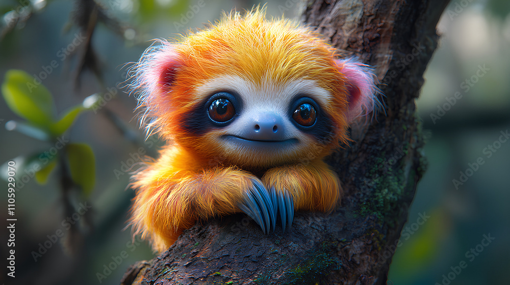 Fototapeta premium A whimsical creature with bright orange fur and large eyes perched on a tree branch.
