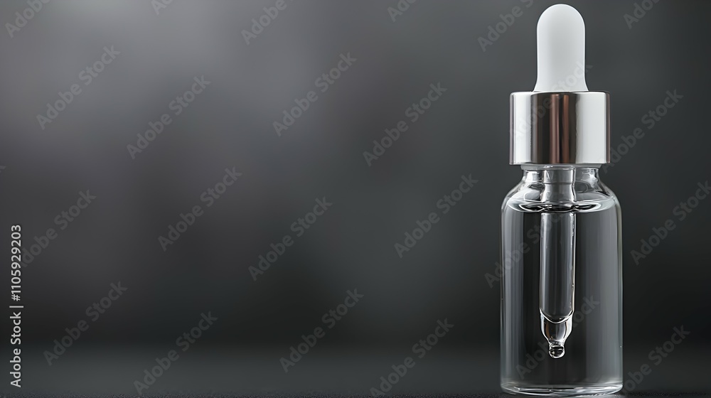 Elegant Glass Dropper Bottle with Clear Drop - Minimalist Design and Soft Reflections on Dark Background Perfect for Cosmetic and Pharmaceutical Themes Elegant Glass Dropper Bottle with Clear Drop - Minimalist Design and Soft Reflections on Dark Background Perfect for Cosmetic and Pharmaceutical Themes