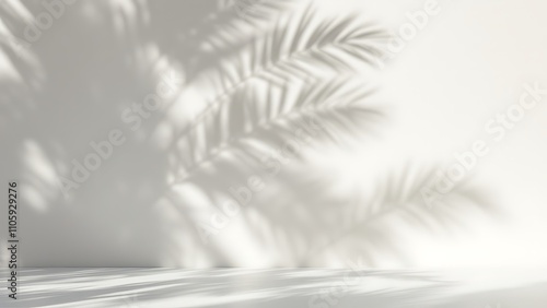 Blurred shadow from palm leaves on light cream wall. Minimalistic beautiful summer spring background for product presentation.