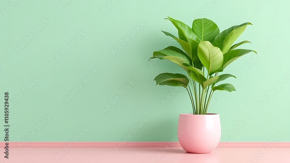 Green plant in a pink pot against a mint green background. Green plant in a pink pot against a mint green background.