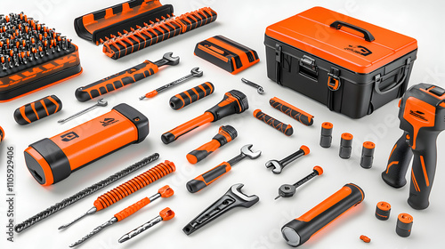 A comprehensive set of professional-grade tools in vibrant orange and black, neatly arranged for a striking visual; showcasing quality craftsmanship and innovative design. photo