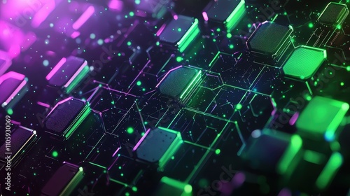 A glowing futuristic background featuring dynamic hexagonal patterns in neon green and purple. Subtle light streaks and pulsating particles add energy and innovation. Perfect for sci-fi, tech, 