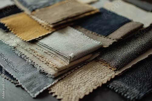 A selection of neutral fabric swatches arranged neatly, showcasing various textures and shades

 photo