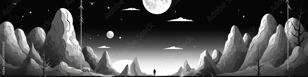 Fototapeta premium A lone figure stands amidst a serene, monochromatic mountain landscape under a full moon.