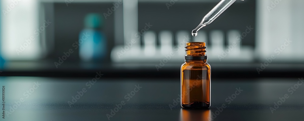 Elegant Glass Pipette with Droplet Above Amber Dropper Bottle - Minimalistic Reflection on Dark Background for Premium Product Presentation Elegant Glass Pipette with Droplet Above Amber Dropper Bottle - Minimalistic Reflection on Dark Background for Premium Product Presentation