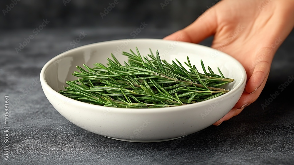 A hand presents a bowl of fresh rosemary sprigs. A hand presents a bowl of fresh rosemary sprigs.