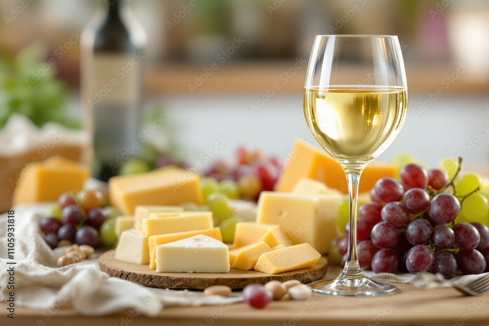 Elegant Wine and Cheese Presentation with Grapes and Fresh Ingredients Elegant Wine and Cheese Presentation with Grapes and Fresh Ingredients