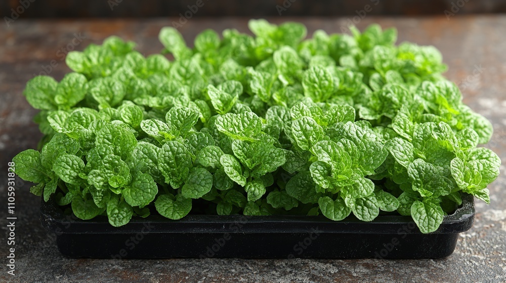 Fresh mint seedlings in a black plastic tray on a rustic surface. Fresh mint seedlings in a black plastic tray on a rustic surface.