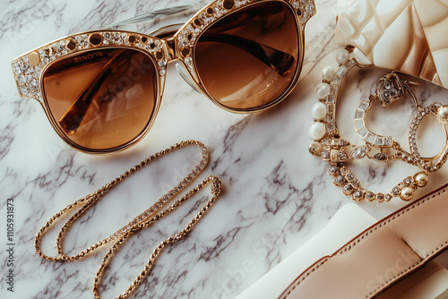 A flatlay of luxury accessories including sunglasses, jewelry, and a quilted bag on a marble surface

