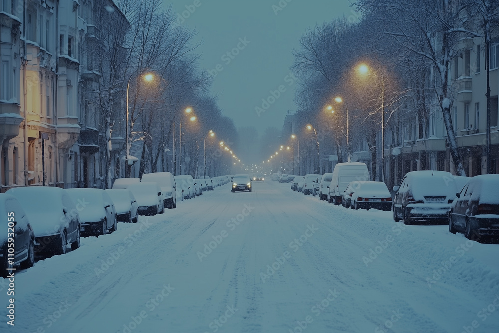 A snowy urban street at dusk with parked cars covered in snow and glowing streetlights
A snowy urban street at dusk with parked cars covered in snow and glowing streetlights