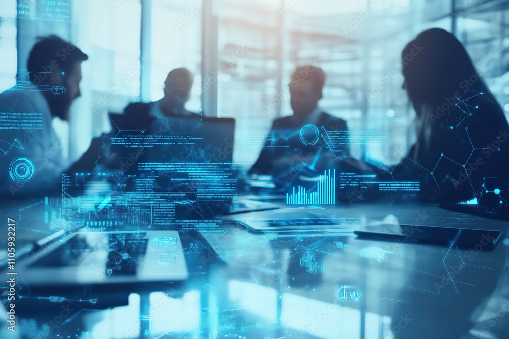 A business team working on ideas in an office. Tablet with finance information and data A business team working on ideas in an office. Tablet with finance information and data