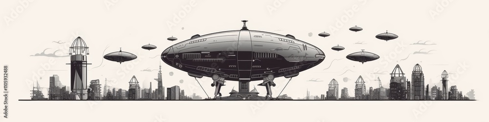 Futuristic city skyline with a large spaceship, featuring sleek designs and a monochrome palette. Futuristic city skyline with a large spaceship, featuring sleek designs and a monochrome palette.