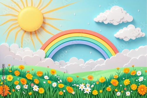 Vibrant Paper Cutout Landscape Featuring Sun, Rainbow, and Flower Field