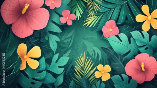 A tropical-inspired background with vibrant green leaves overlapping in dynamic patterns, accented by bright pink and yellow flowers. The lively design radiates freshness and energy, perfect 