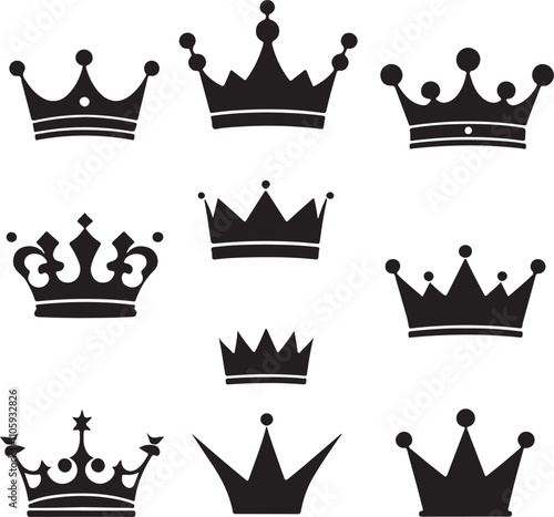 Crown icon set vector. Various styles, including simple and ornate designs, represent royalty and power. Crown Icons Royal, Regal, King, Queen, Majesty