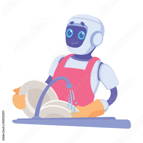 Robot Washing Dishes as Smart Android Assistant Machine Vector Illustration