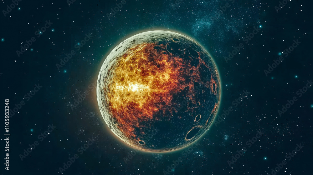 Obraz premium Explore a stunning depiction of a fiery planet surrounded by a starry cosmos. This breathtaking image captures the beauty and mystery of the universe.