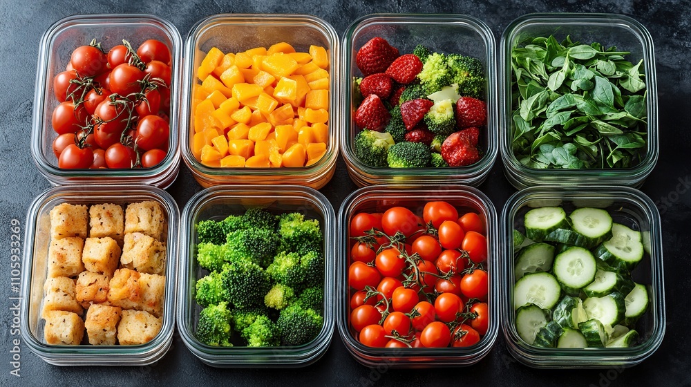 Eight glass containers filled with various prepped vegetables and fruits for meal prepping, including cherry tomatoes, carrots, strawberries, broccoli, spinach, croutons, and cucumbers. Eight glass containers filled with various prepped vegetables and fruits for meal prepping, including cherry tomatoes, carrots, strawberries, broccoli, spinach, croutons, and cucumbers.