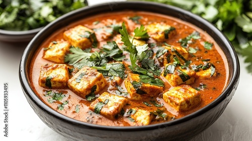 Delicious paneer butter masala in a bowl, garnished with cilantro.