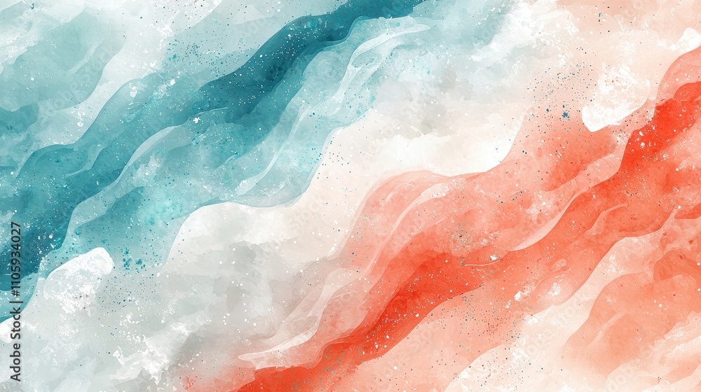 Fototapeta premium A watercolor-style background with flowing brushstrokes of coral, teal, and soft gray. The organic patterns and subtle splashes of white create an artistic yet calming effect. Ideal for elegant 