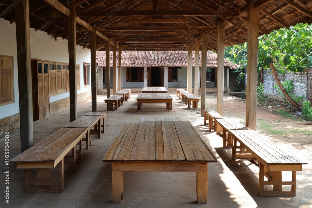 Tranquil Interior of an Open-air Dining Hall Surrounded by Nature, Featuring Rustic Wooden Tables and Benches in a Serene Environment Tranquil Interior of an Open-air Dining Hall Surrounded by Nature, Featuring Rustic Wooden Tables and Benches in a Serene Environment
