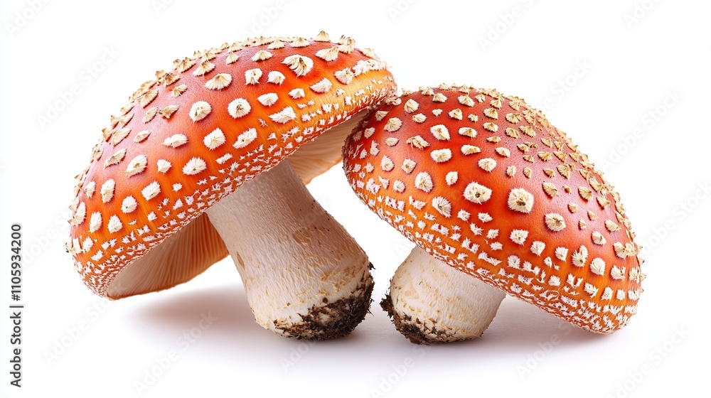 Obraz premium Two vibrant red fly agaric mushrooms with white spots, isolated on white background.