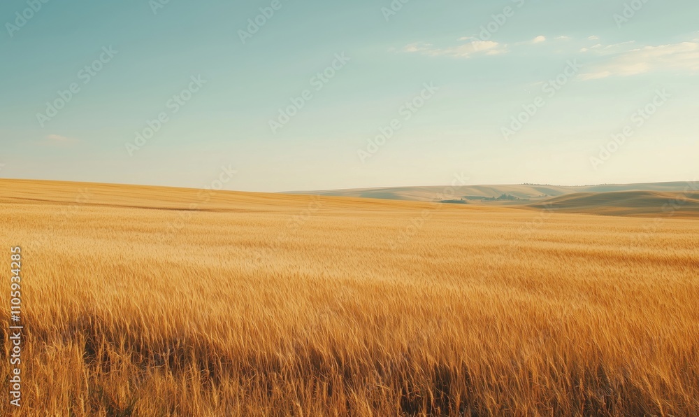Golden wheat field under blue sky, expansive landscape, gentle hills in background, warm sunlight, serene atmosphere Golden wheat field under blue sky, expansive landscape, gentle hills in background, warm sunlight, serene atmosphere
