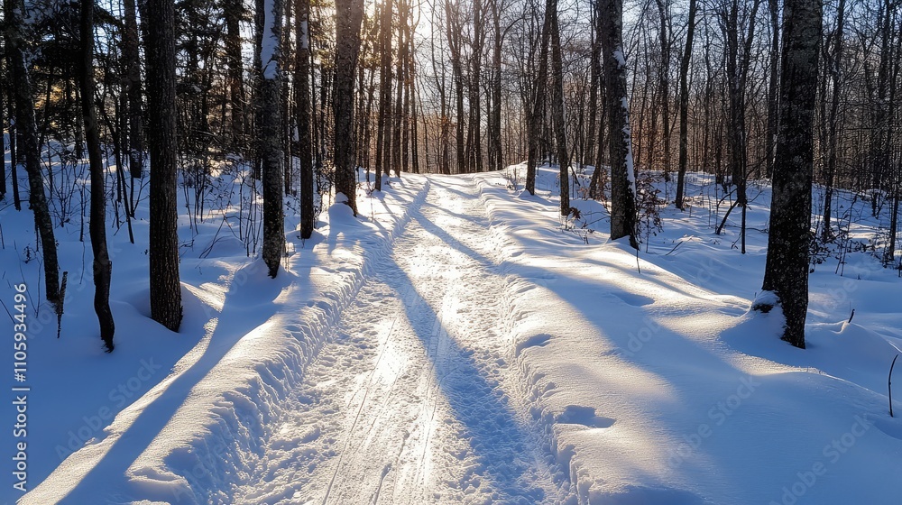 Icy mountain trail for snow biking, with the sun casting long shadows over fresh snow Icy mountain trail for snow biking, with the sun casting long shadows over fresh snow