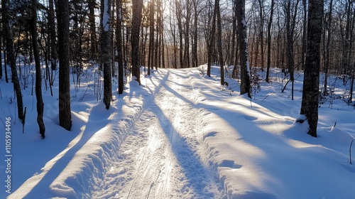 Icy mountain trail for snow biking, with the sun casting long shadows over fresh snow