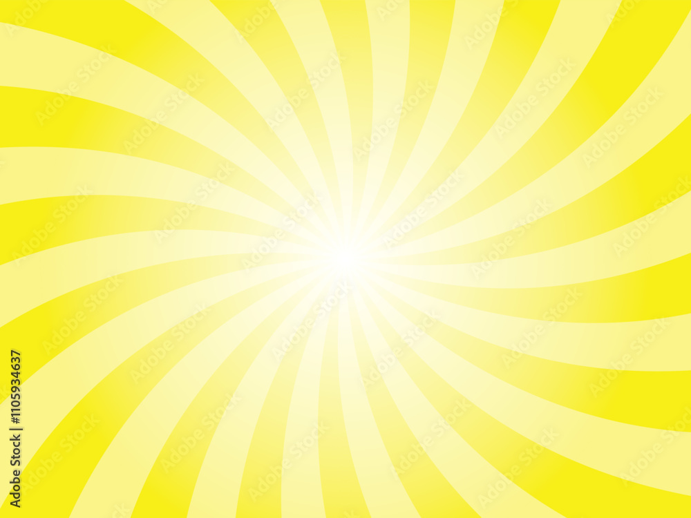 Yellow sun ray vector background. Aureolin yellow swirl radial beam sunrise or sunset light retro design illustration. Light sunburst glowing background.