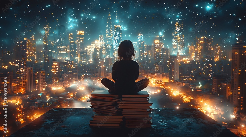 Child Reaching Towards Glowing City Skyline from Stack of Books Symbolizing Power of Education to Shape Successful Future Child Reaching Towards Glowing City Skyline from Stack of Books Symbolizing Power of Education to Shape Successful Future