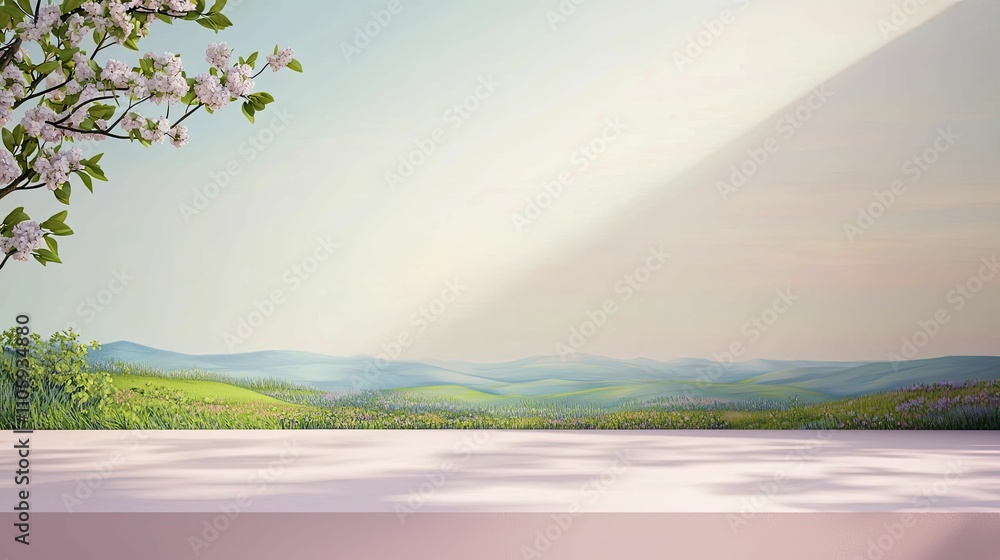 Fototapeta premium Subtle Elegance Soft Pastels Podium, front view focus, featuring a tranquil nature backdrop and social media shadows reflecting mental health challenges.